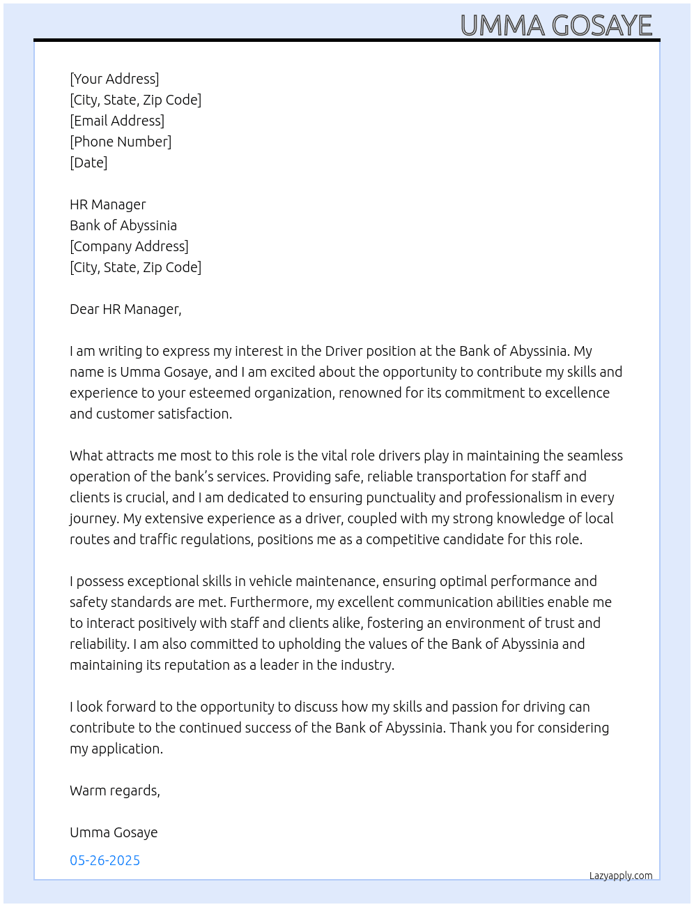 Driver  At Bank of abyssinia Bank  Cover Letter