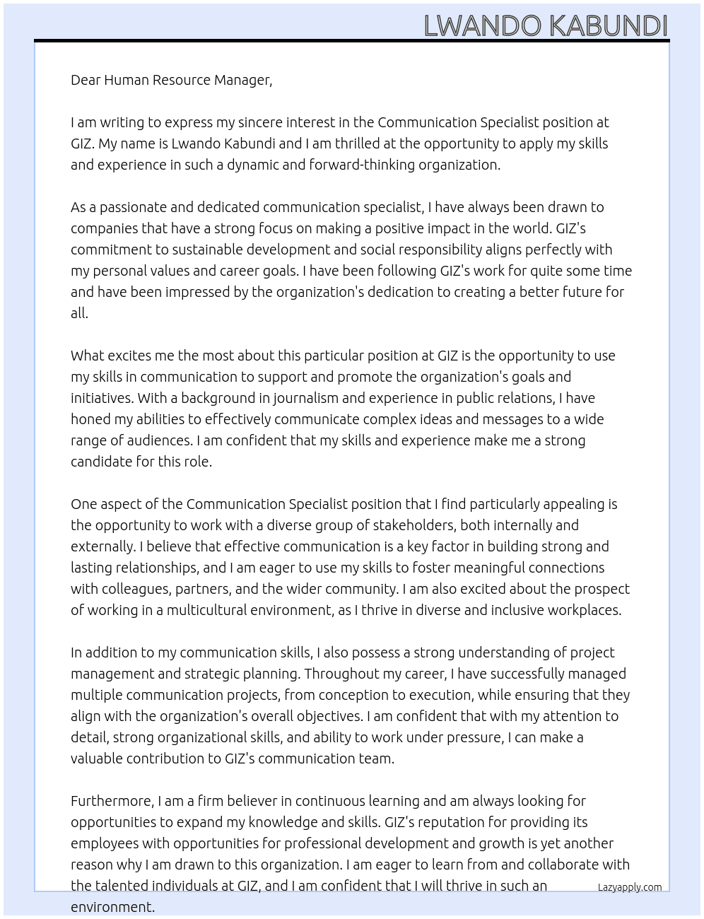 Communication Specialist  At GIZ Cover Letter