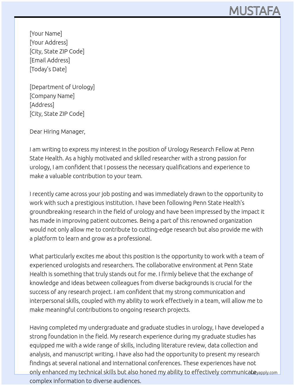 Urology Research Fellow At Penn State Health Cover Letter
