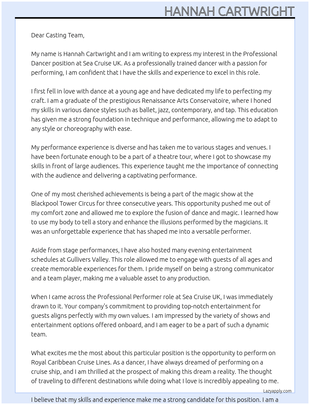Professional Dancer At Sea Cruise UK Cover Letter