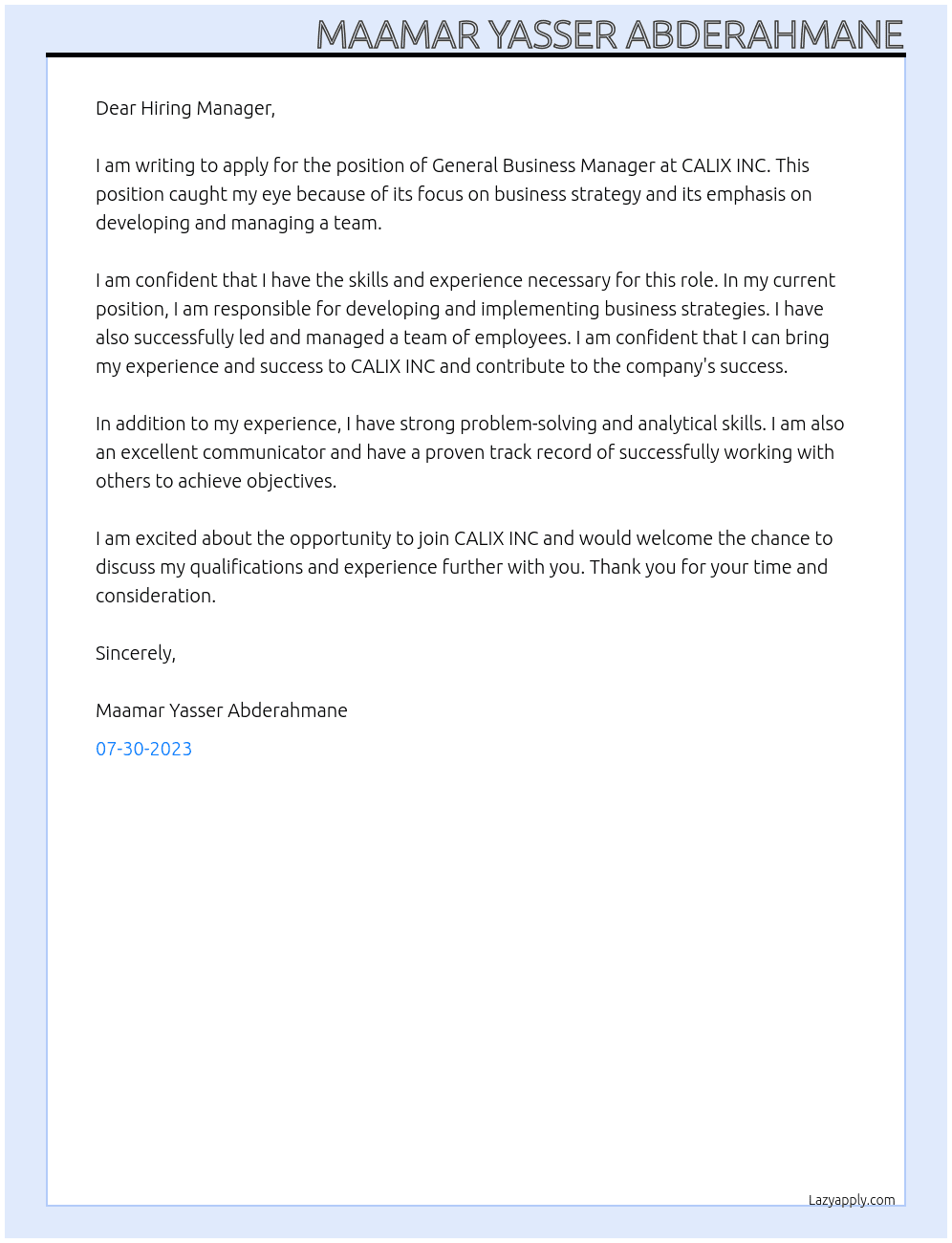 General business manager. At  CALIX INC Cover Letter