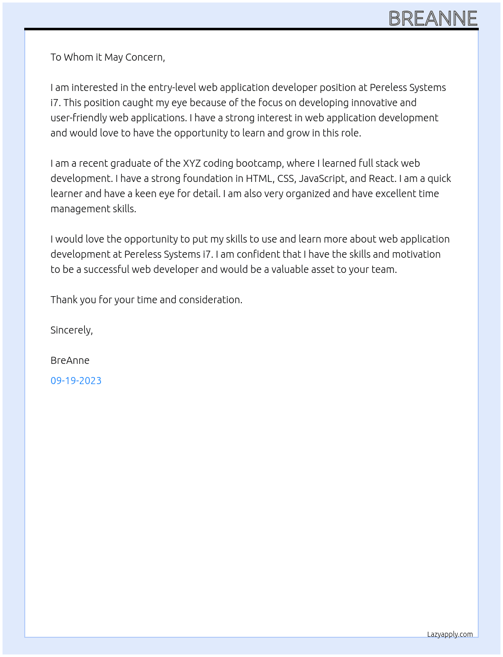 Entry Level Web Application Develope At Pereless Systems i7 Cover Letter