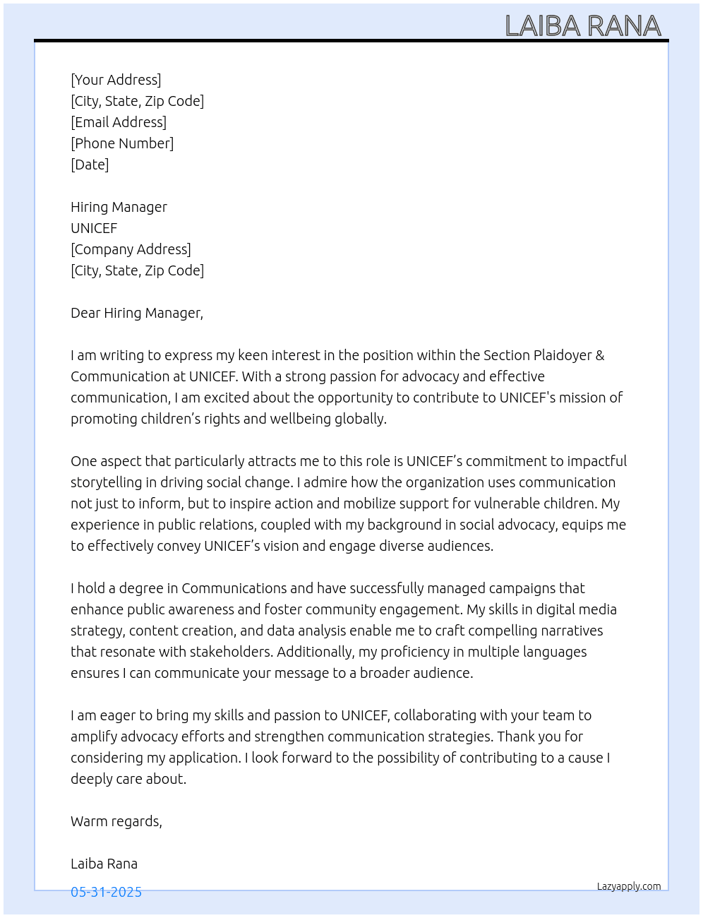 Section Plaidoyer & Communication At UNICEF  Cover Letter