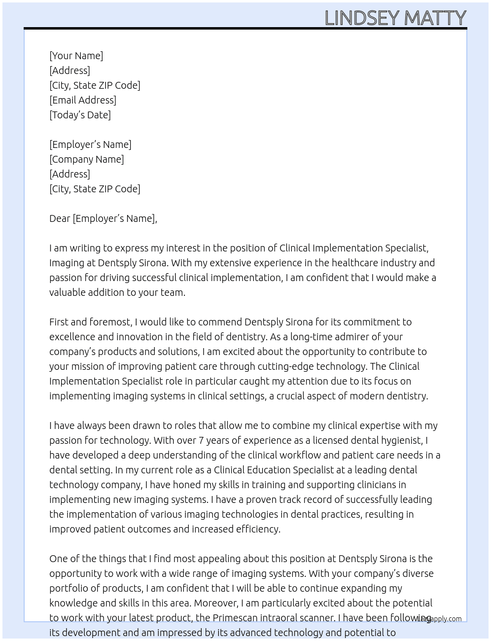 Clinical Implementation Specialist, Imaging At Dentsply Sirona Cover Letter