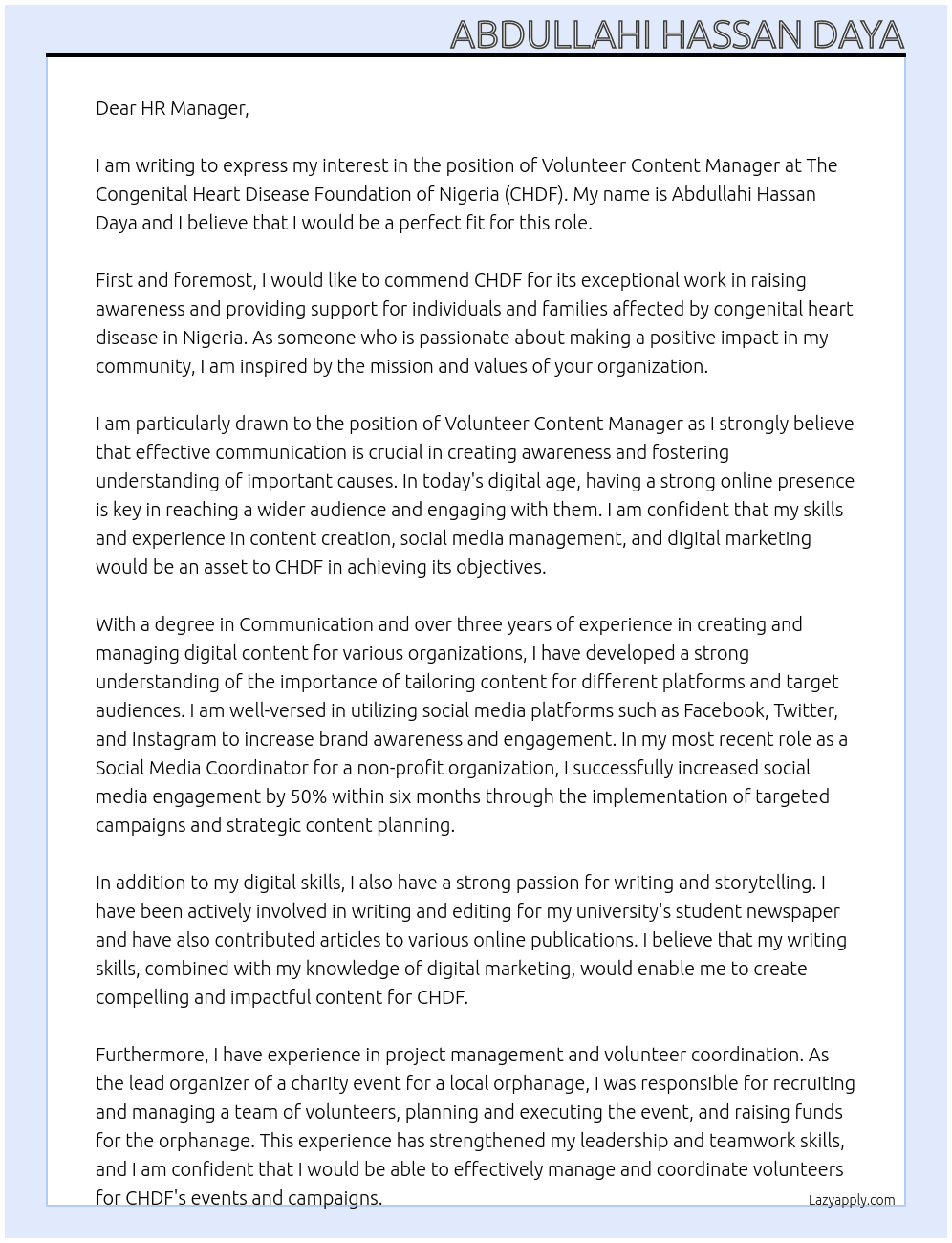 Cover letter for volunteer content manager - LazyApply