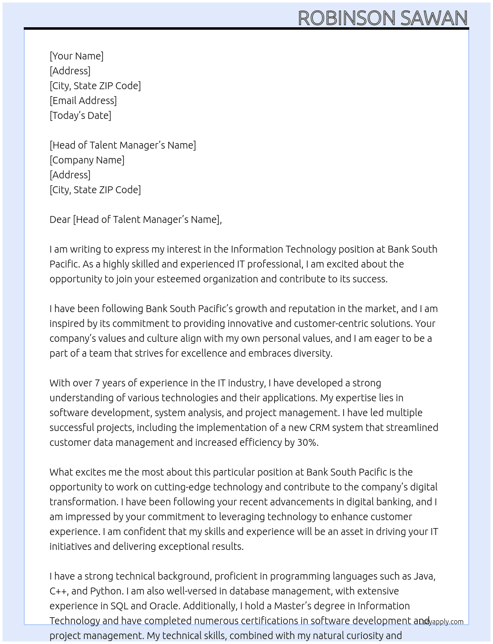 Information Technology  At Bank South Pacific  Cover Letter