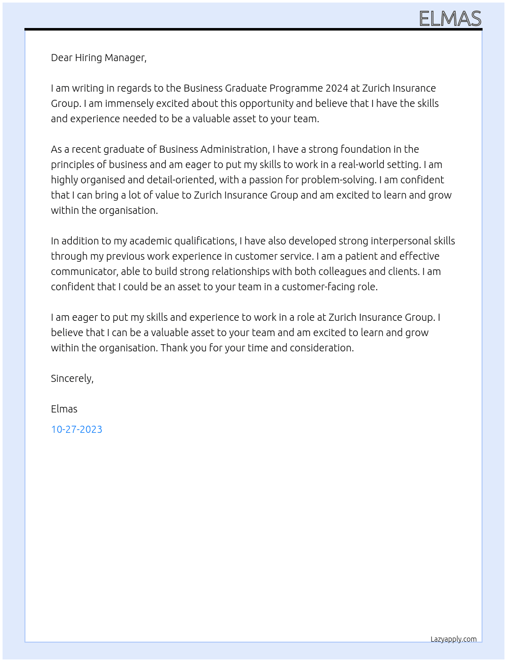 Business Graduate Programme 2024 At Zurich Insurance Group Cover Letter