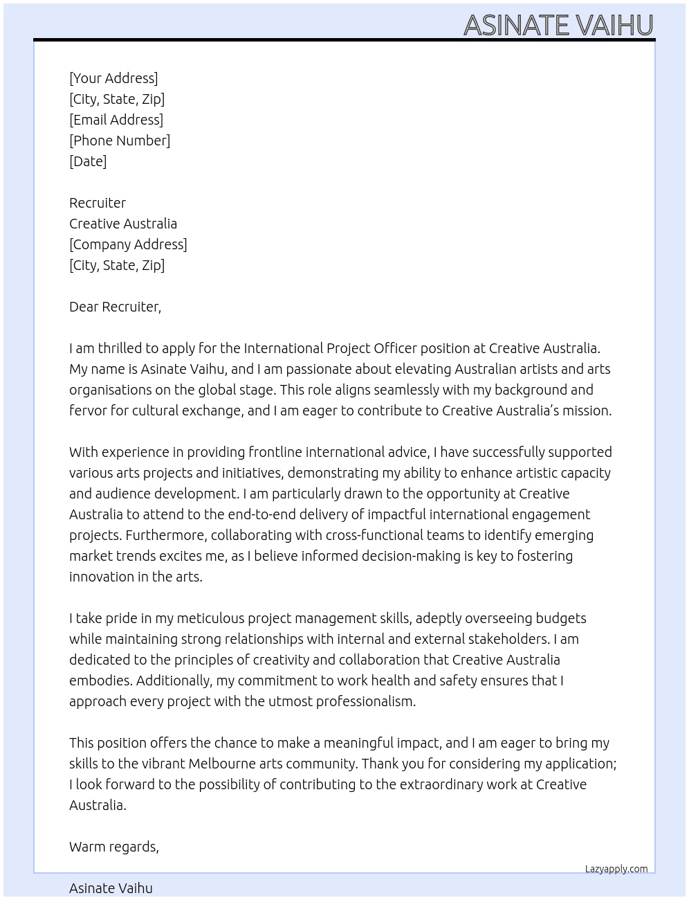 International Project Officer At Creative Australia Cover Letter