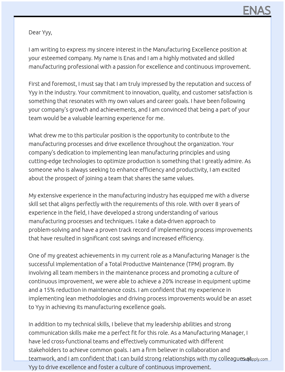 Manufacturing excellence  At Yyy Cover Letter