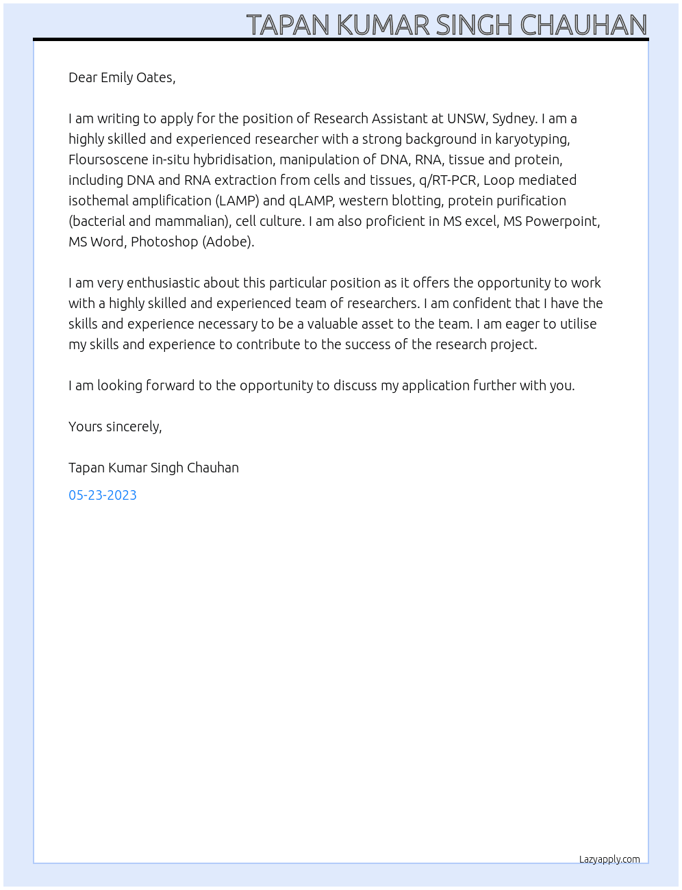 Research Assistant At UNSW, Sydney Cover Letter