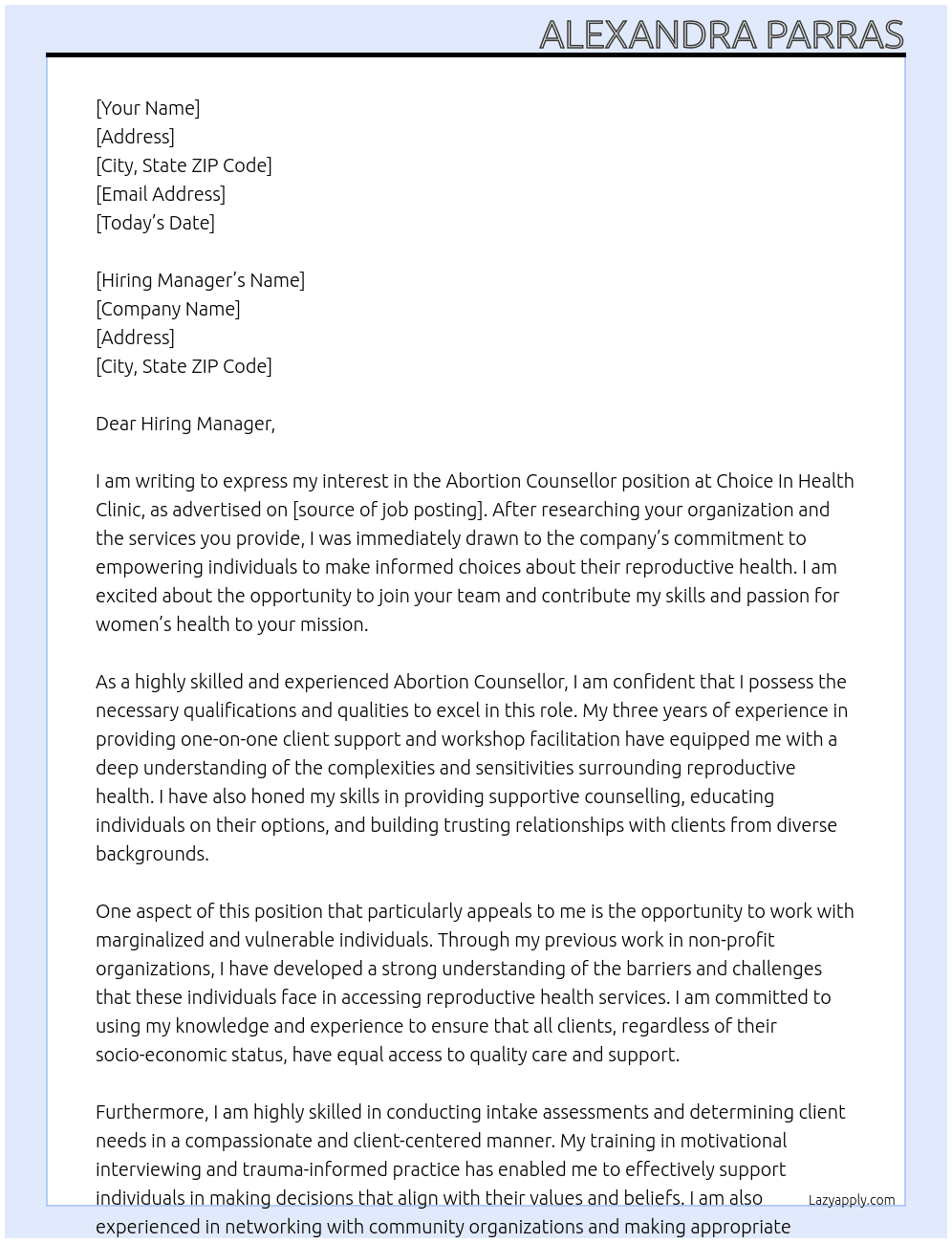 Abortion Counsellor At Choice In Health Clinic Cover Letter