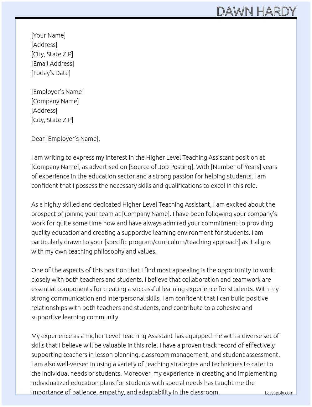 Higher Level Teaching Assistant At Dawn Hardy Cover Letter