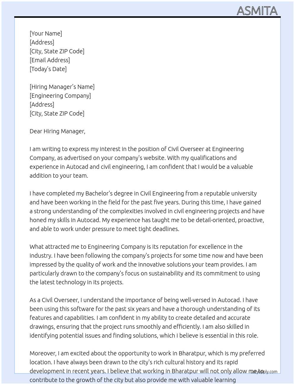 Civil Overseer  At Engineering Company  Cover Letter