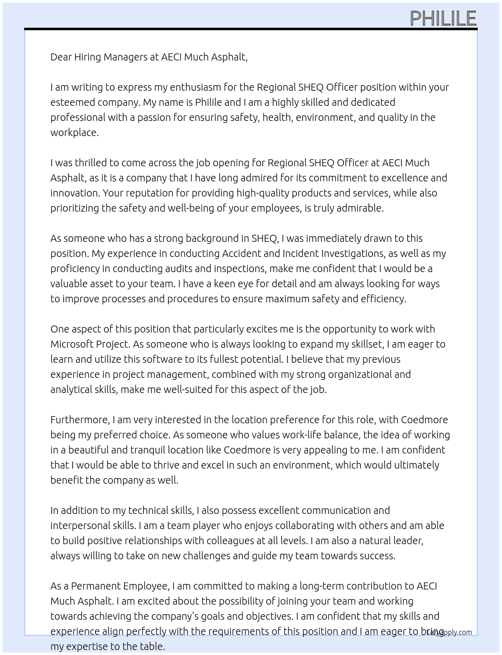 Regional SHEQ Officer At AECI Much Asphalt Cover Letter