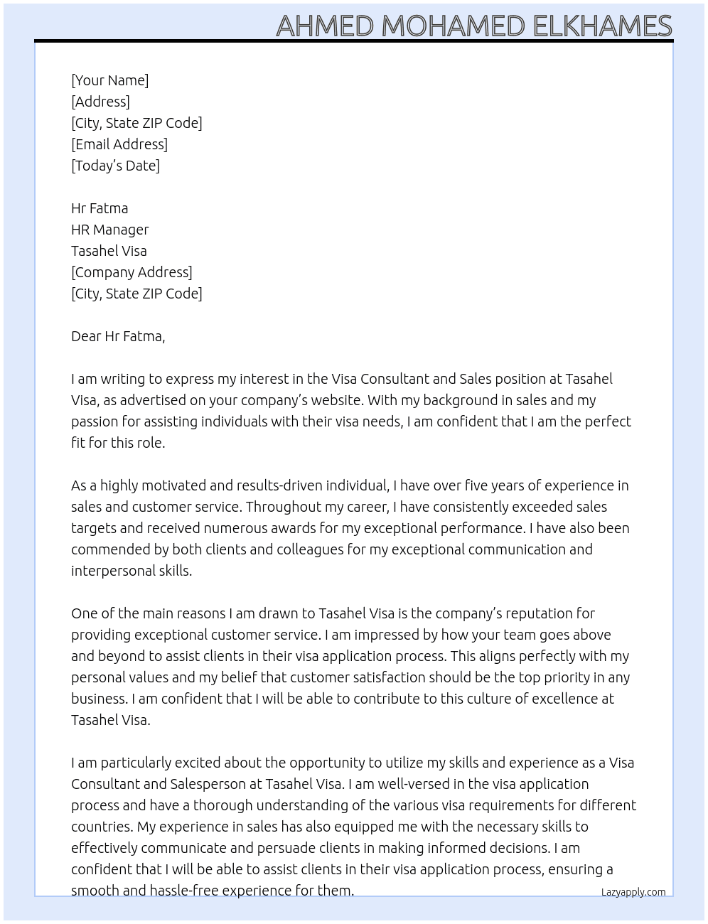 Visa consultant and Sales At Tasahel visa Cover Letter