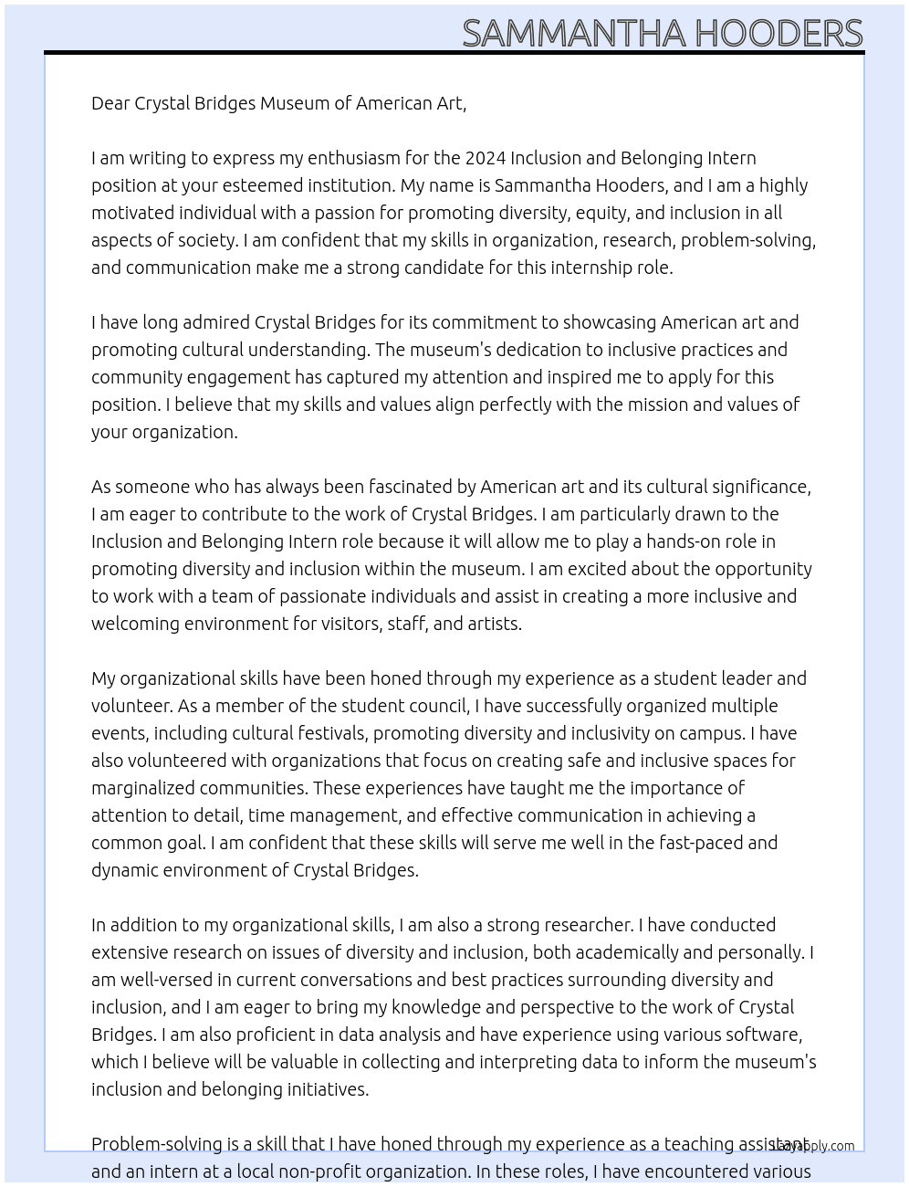 2024 Inclusion and Belonging Intern  At rystal Bridges Museum of American Art  Cover Letter