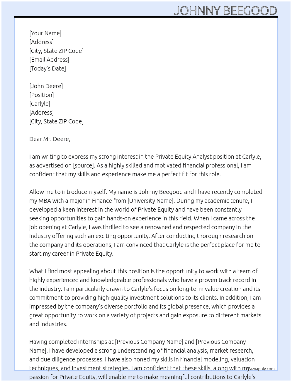 Private equity analyst At Carlyle Cover Letter