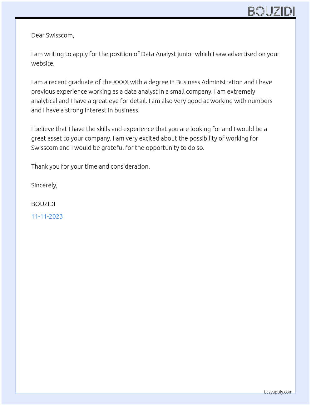 Data Analyst junior At swisscom Cover Letter