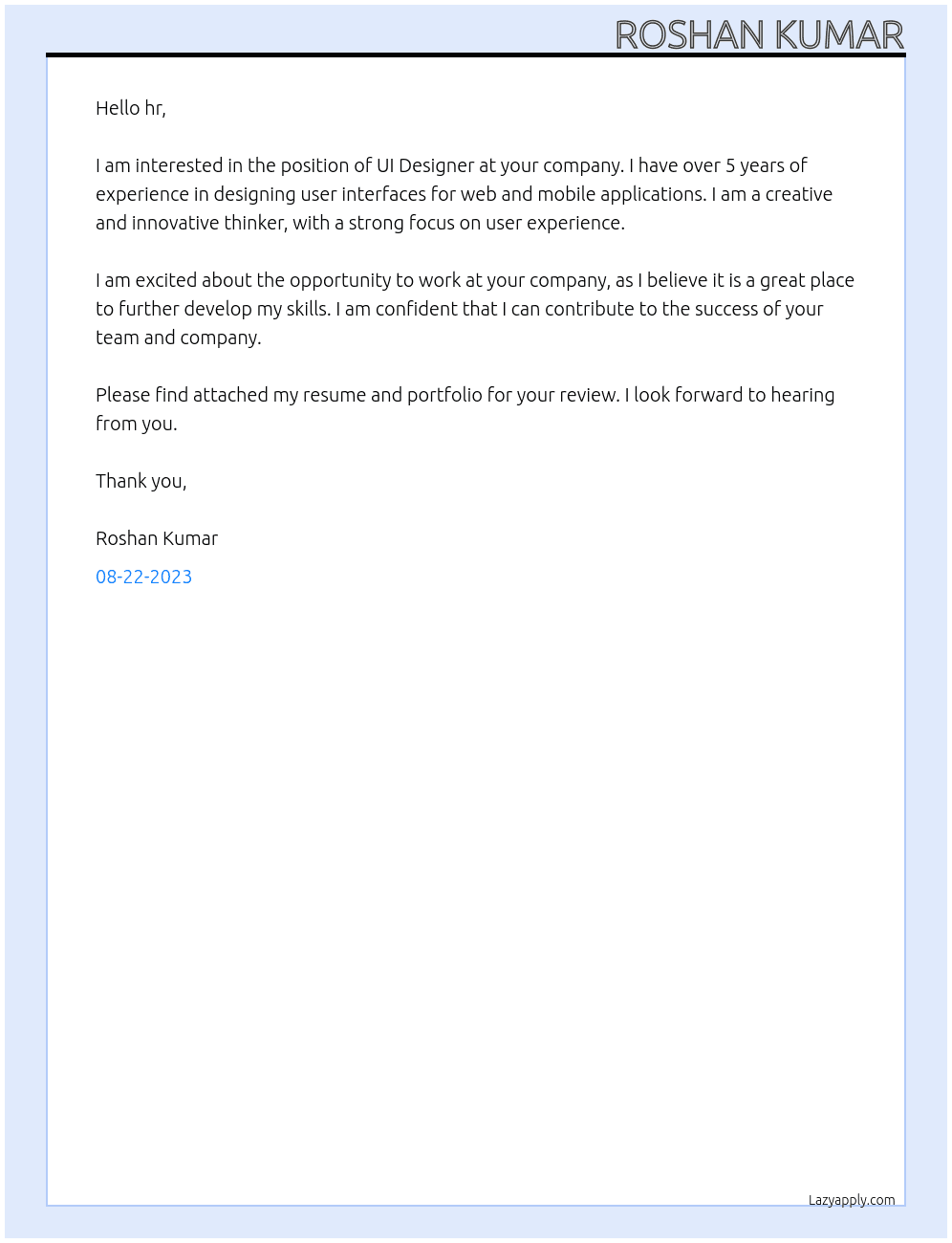 ui designer At company Cover Letter