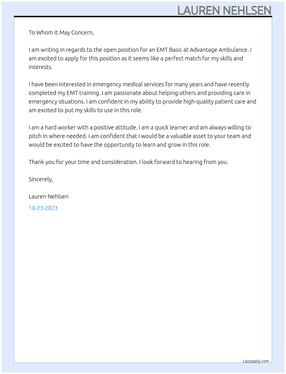 EMT Basic At Advantage Ambulance  Cover Letter