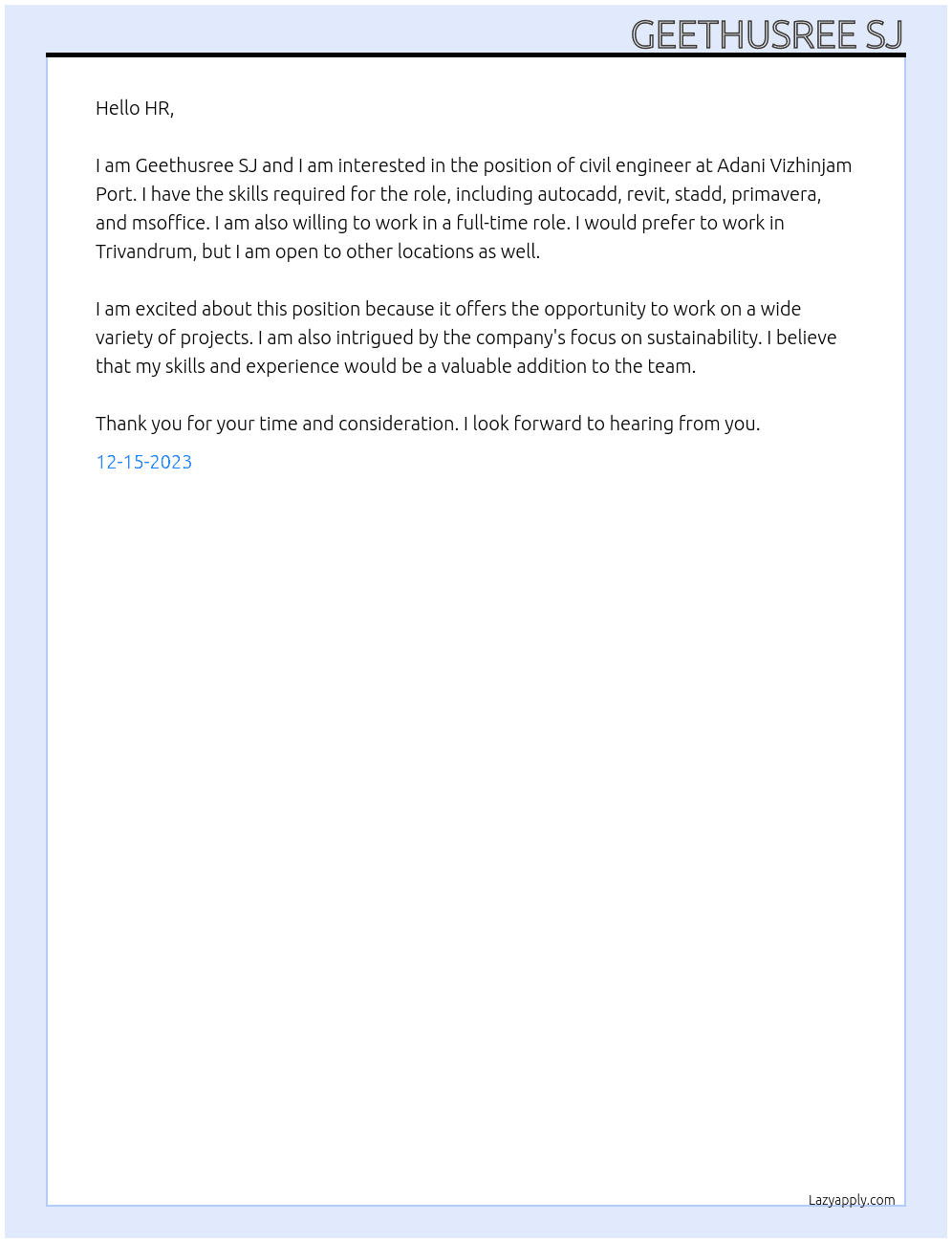 civil engineer At adani vizhinjam port Cover Letter