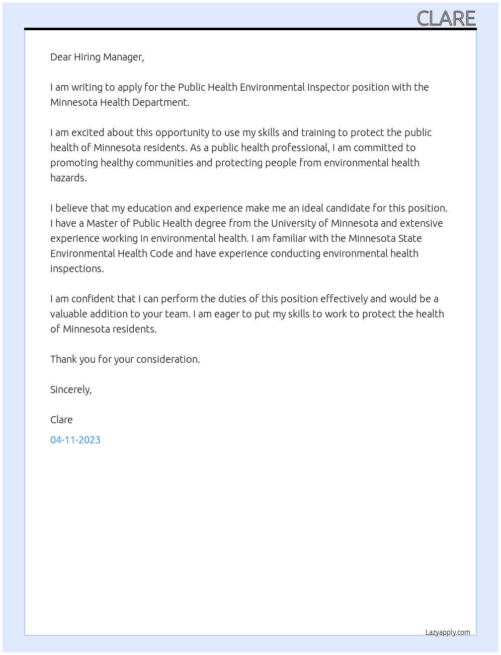 Public Health Environmental Inspector At Minnesota Health Department Cover Letter