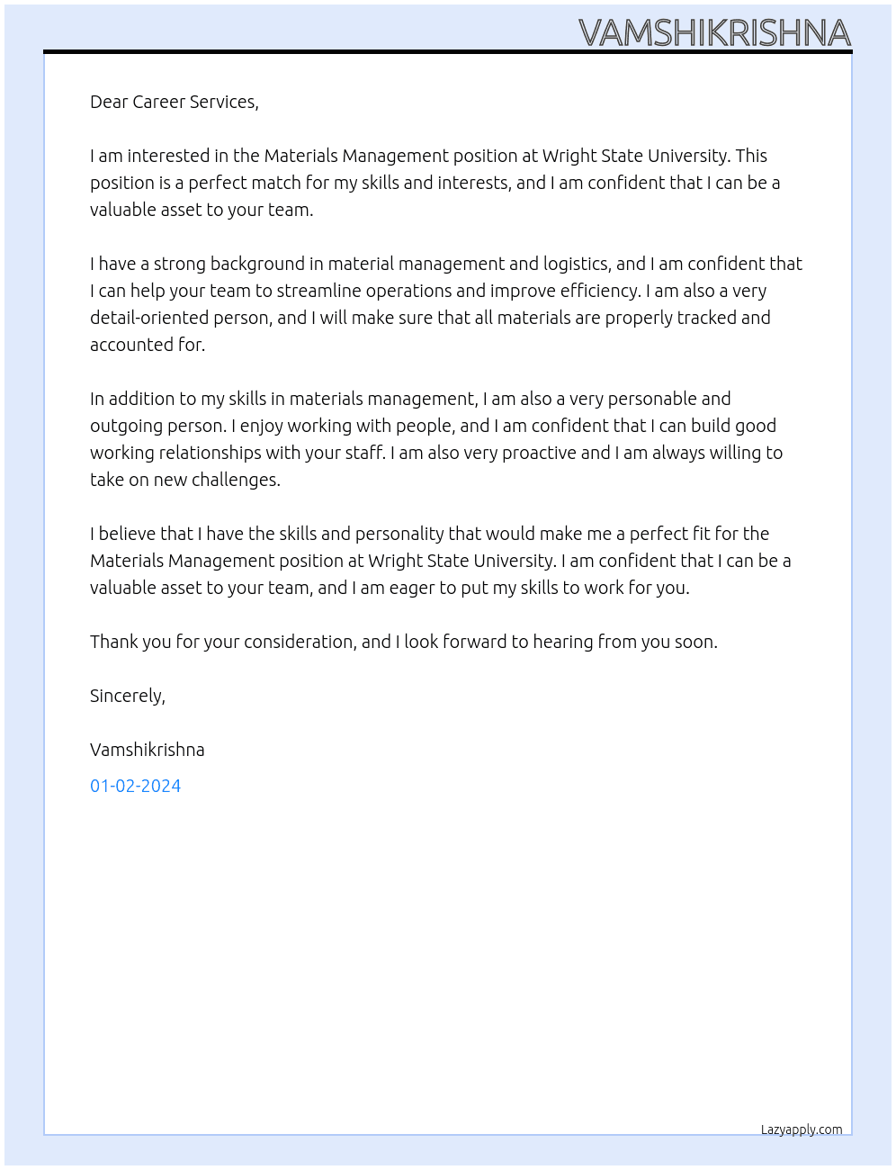 Materials Management, Materials Management Helper At wright state university Cover Letter