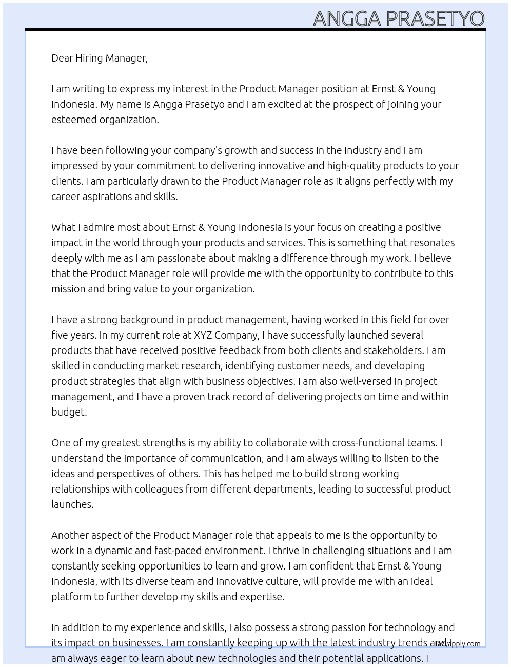Product Manager At Ernst & Young Indonesia Cover Letter