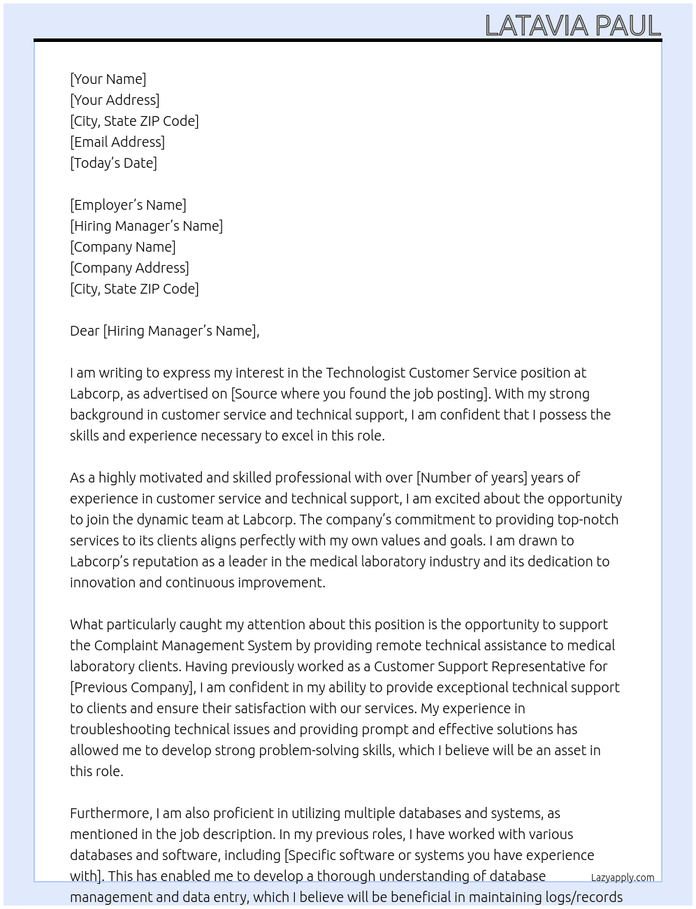 Cover letter for technologist customer service - LazyApply