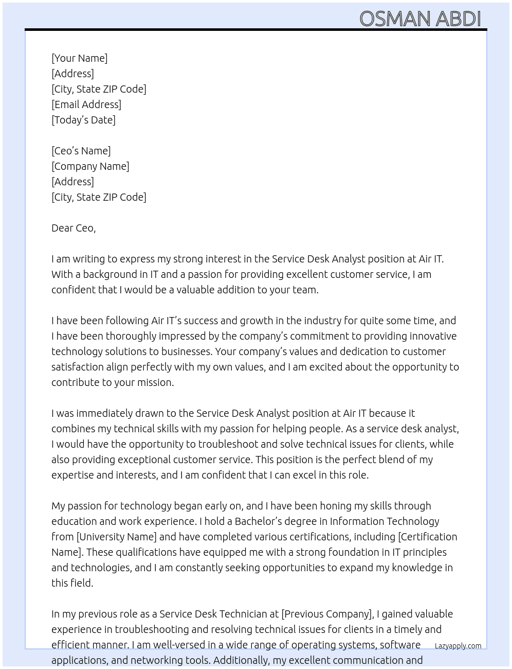 Service desk analyst  At Air IT Cover Letter