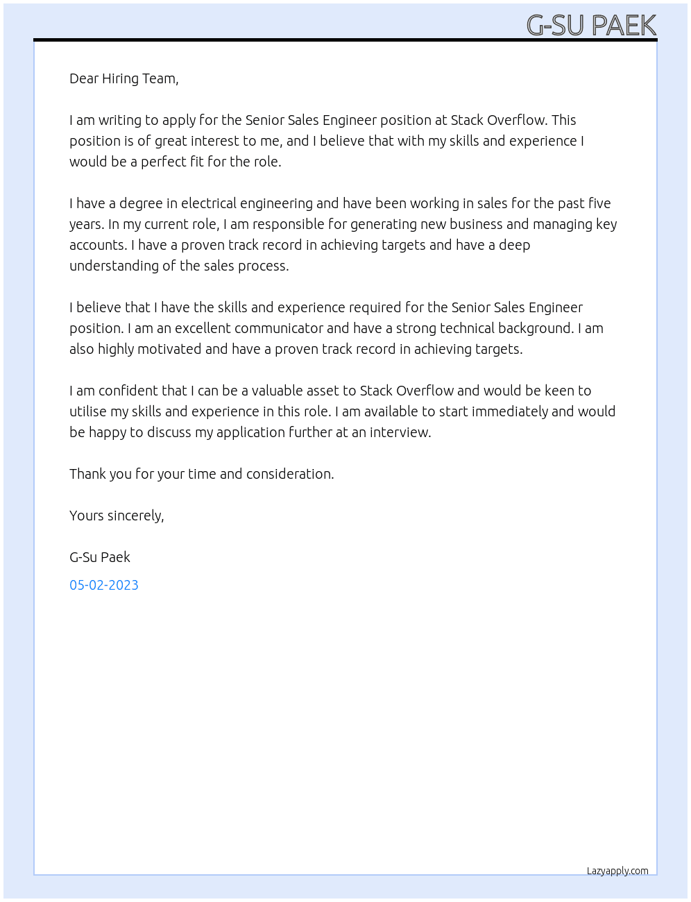 Senior Sales Engineer At Stack Overflow Cover Letter