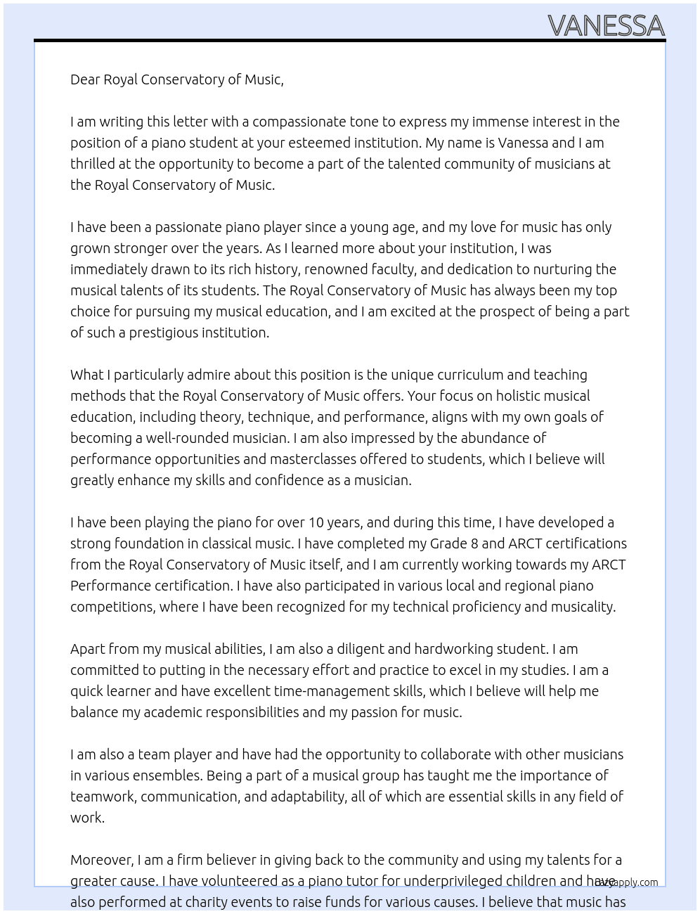 Piano student At change exxam date Cover Letter