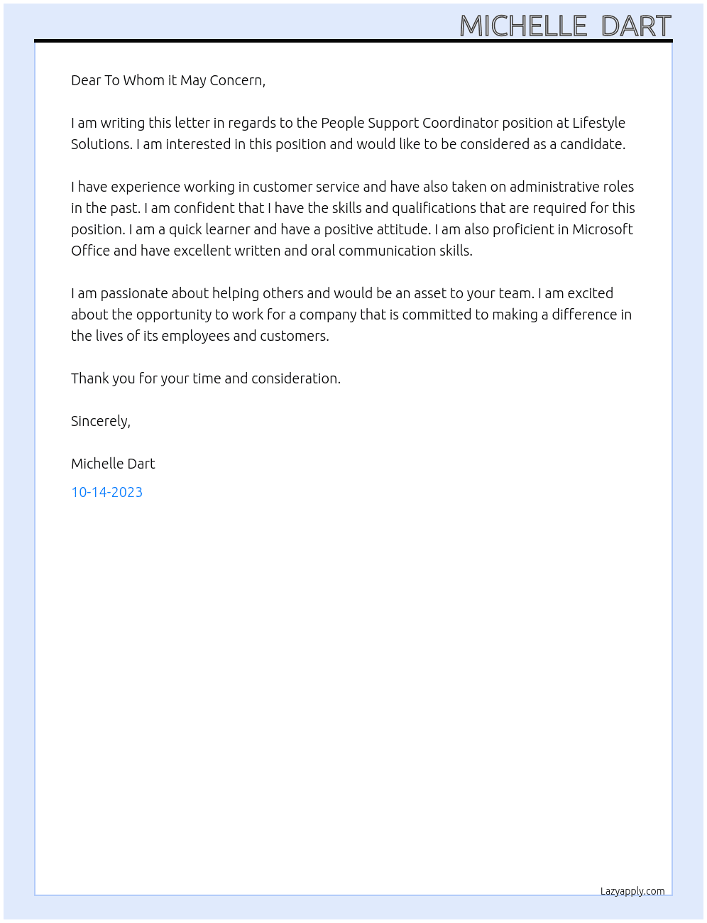 People Support Coordinator At Lifestyle Solutions Cover Letter