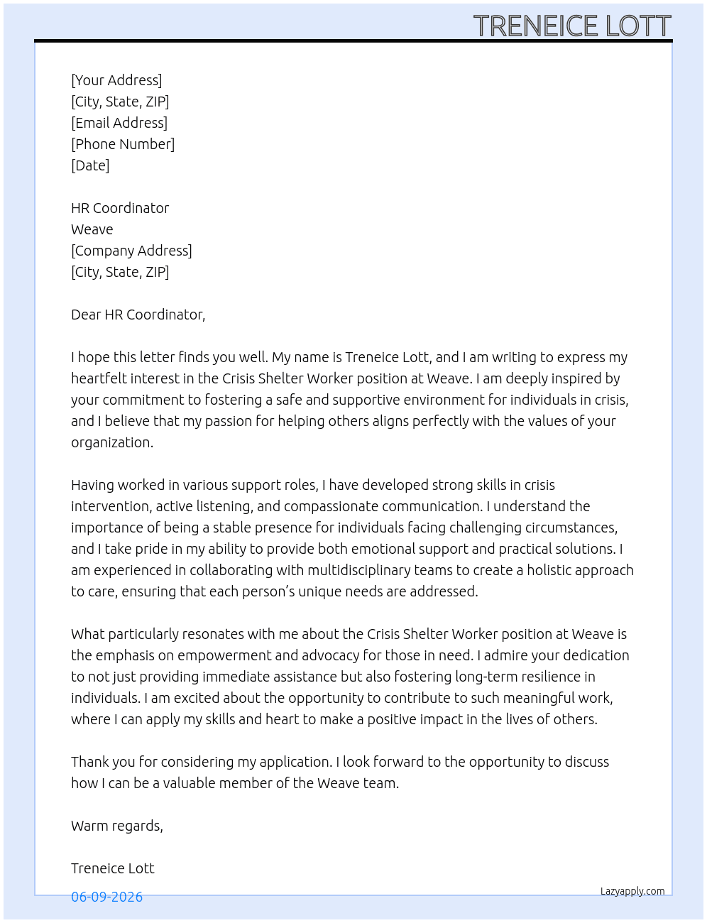 Cover letter for crisis shelter worker - LazyApply