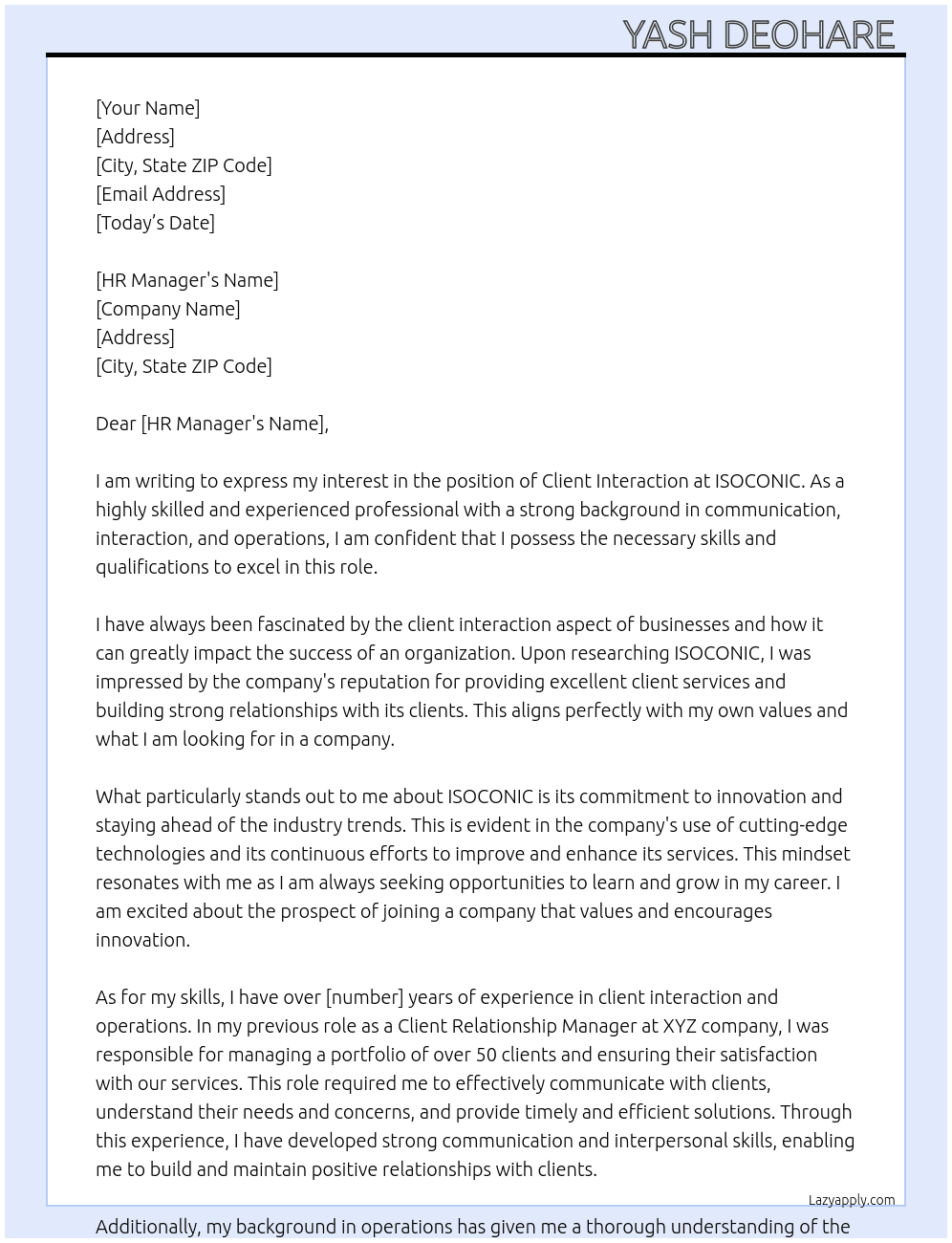 Client interaction  At ISOCONIC  Cover Letter
