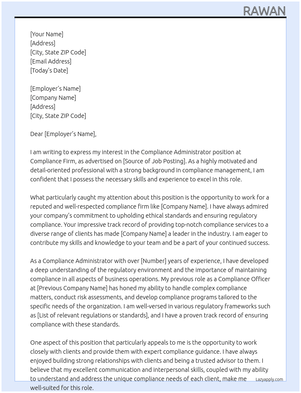 Compliance Administrator At Compliance Firm Cover Letter