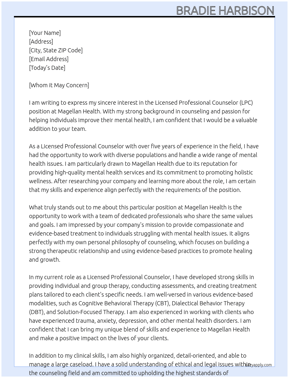 Licensed Professional Counselor (LPC) At Magellan Health Cover Letter