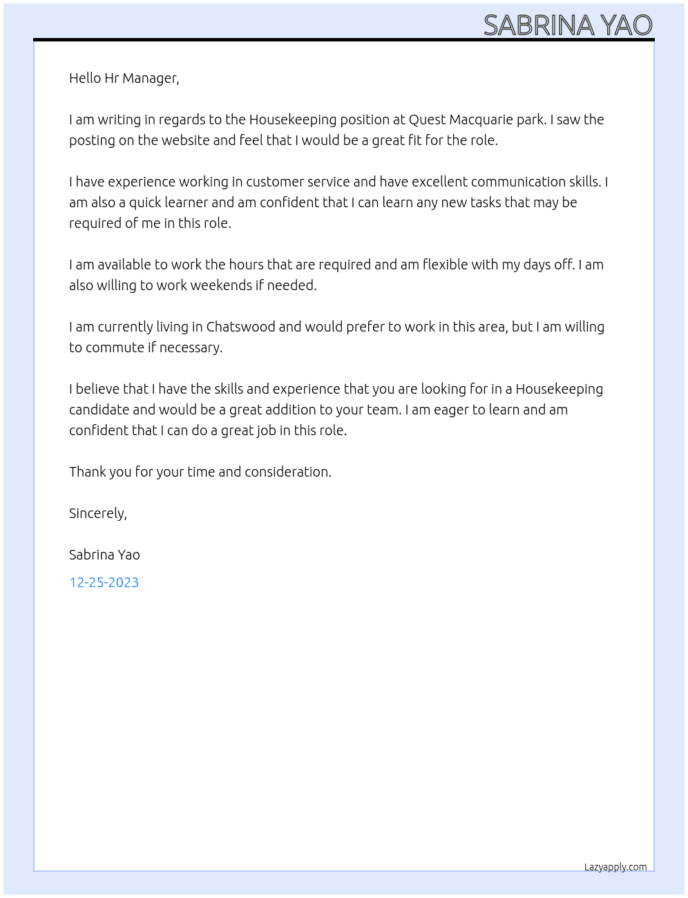Housekeeping  At Quest Macquarie park Cover Letter