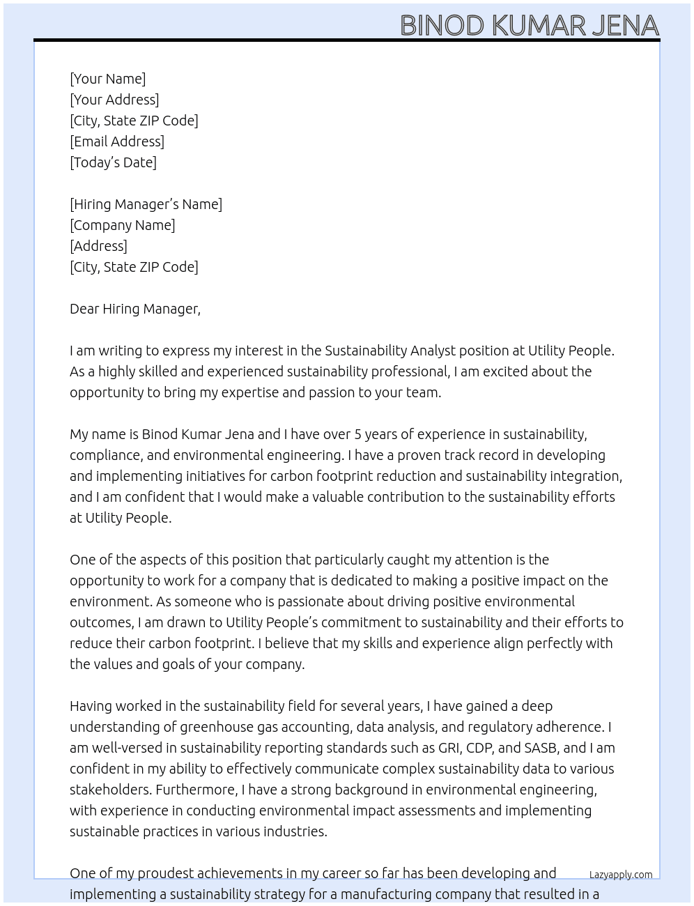 Sustainability Analyst At Utility People Cover Letter
