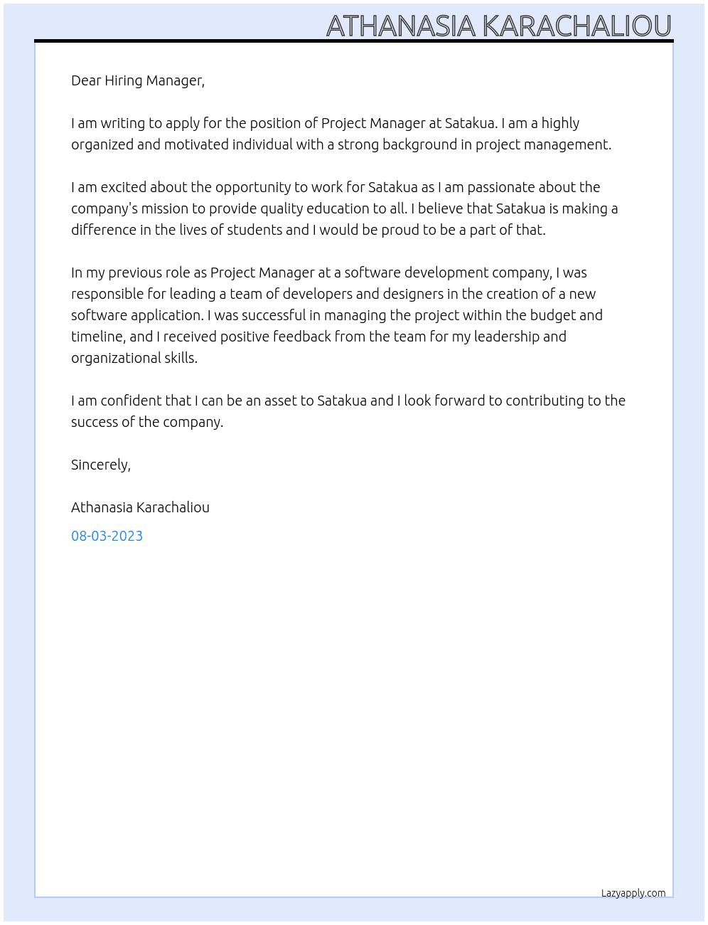 Project Manager  At Satakua Cover Letter