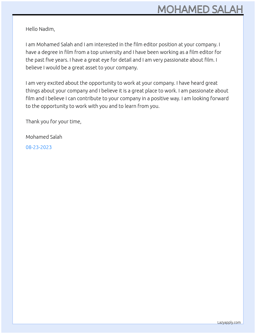 Film editor  At  nadim Cover Letter