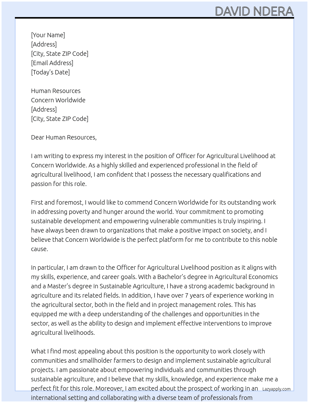 Cover letter for officer, agricultural livelihood - LazyApply