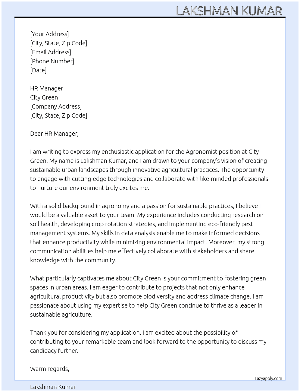 Agronomist  At City green  Cover Letter