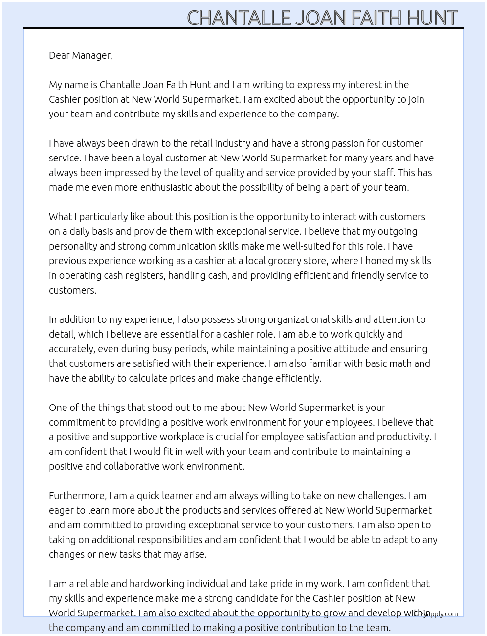 Cashier At New world supermarket  Cover Letter