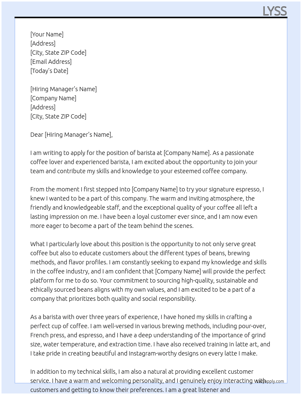 barista At coffee Cover Letter