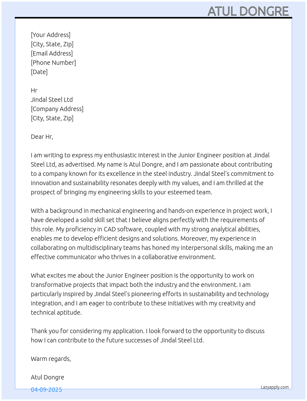 Junior engineer  At Jindal steel Ltd  Cover Letter