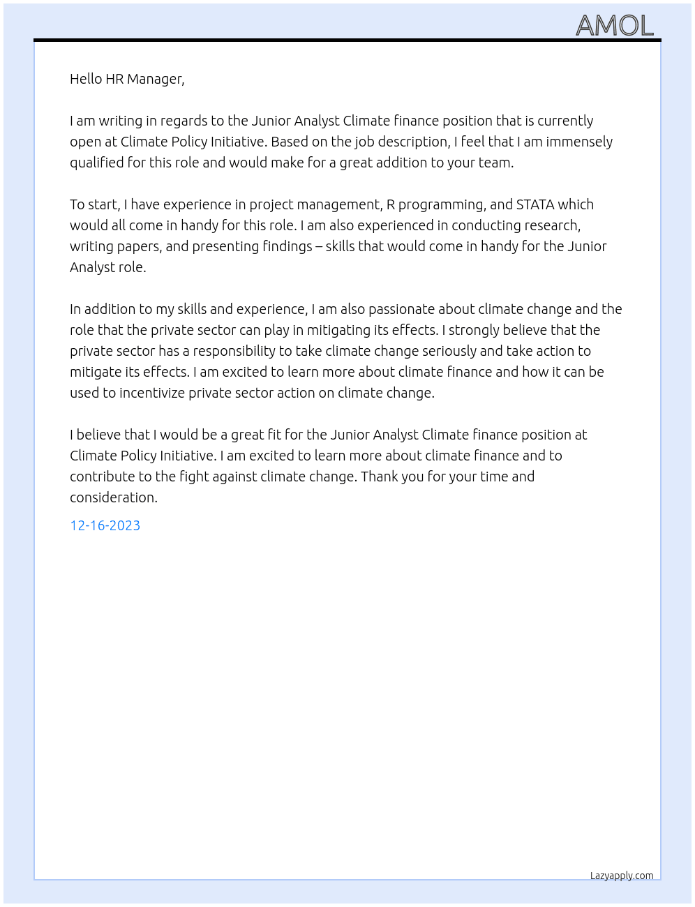 Junior Analyst Climate finance  At Climate Policy Iniatiative  Cover Letter