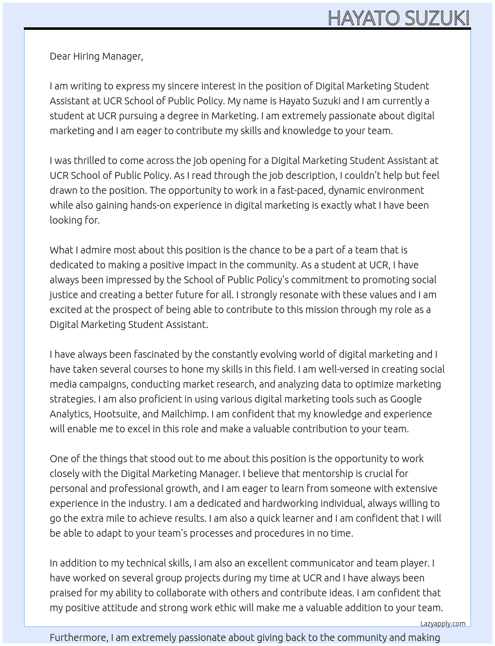 Digital Marketing Student Assistant At UCR School of Public Policy Cover Letter