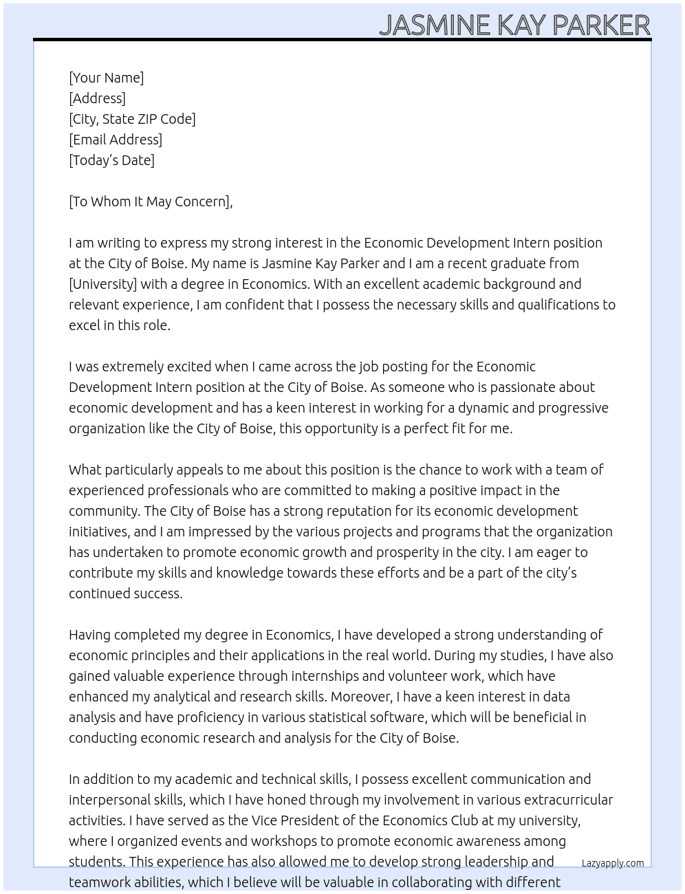 Economic Development Intern At City of Boise Cover Letter