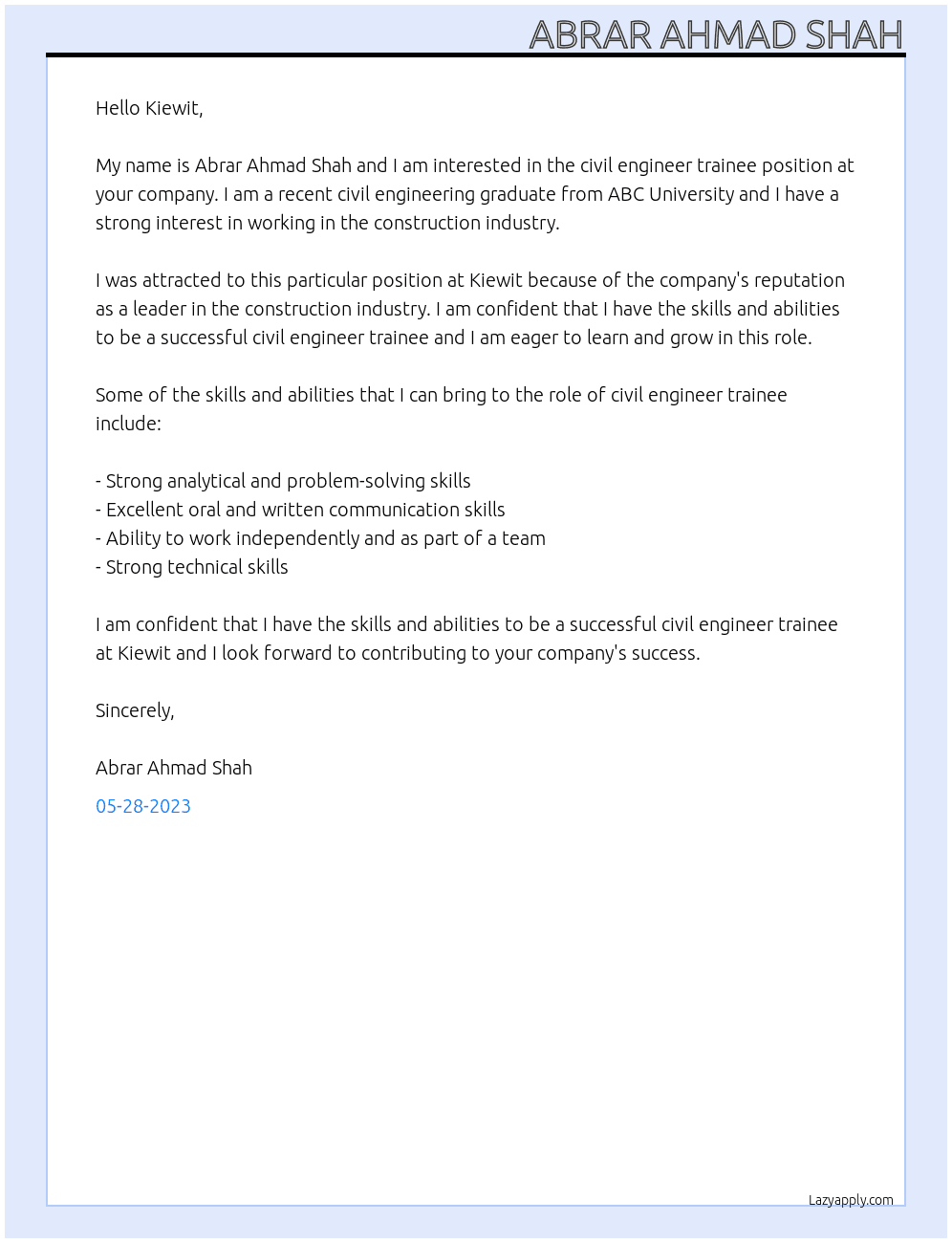 civil engineer trainee At kiewit Cover Letter